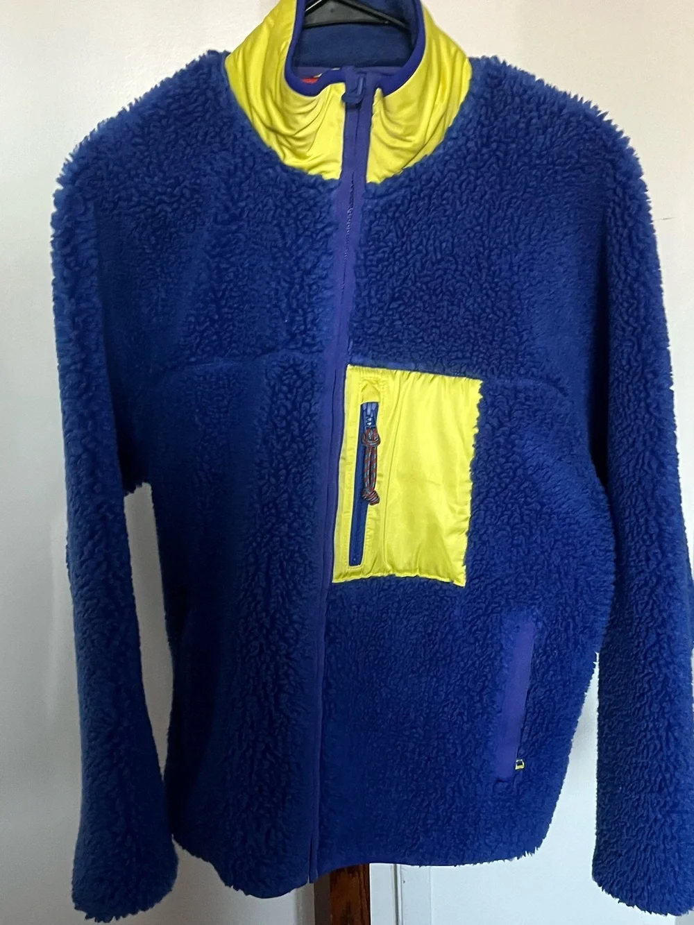 Tory Sport Blue Sherpa Puffer Jacket with Yellow Accents